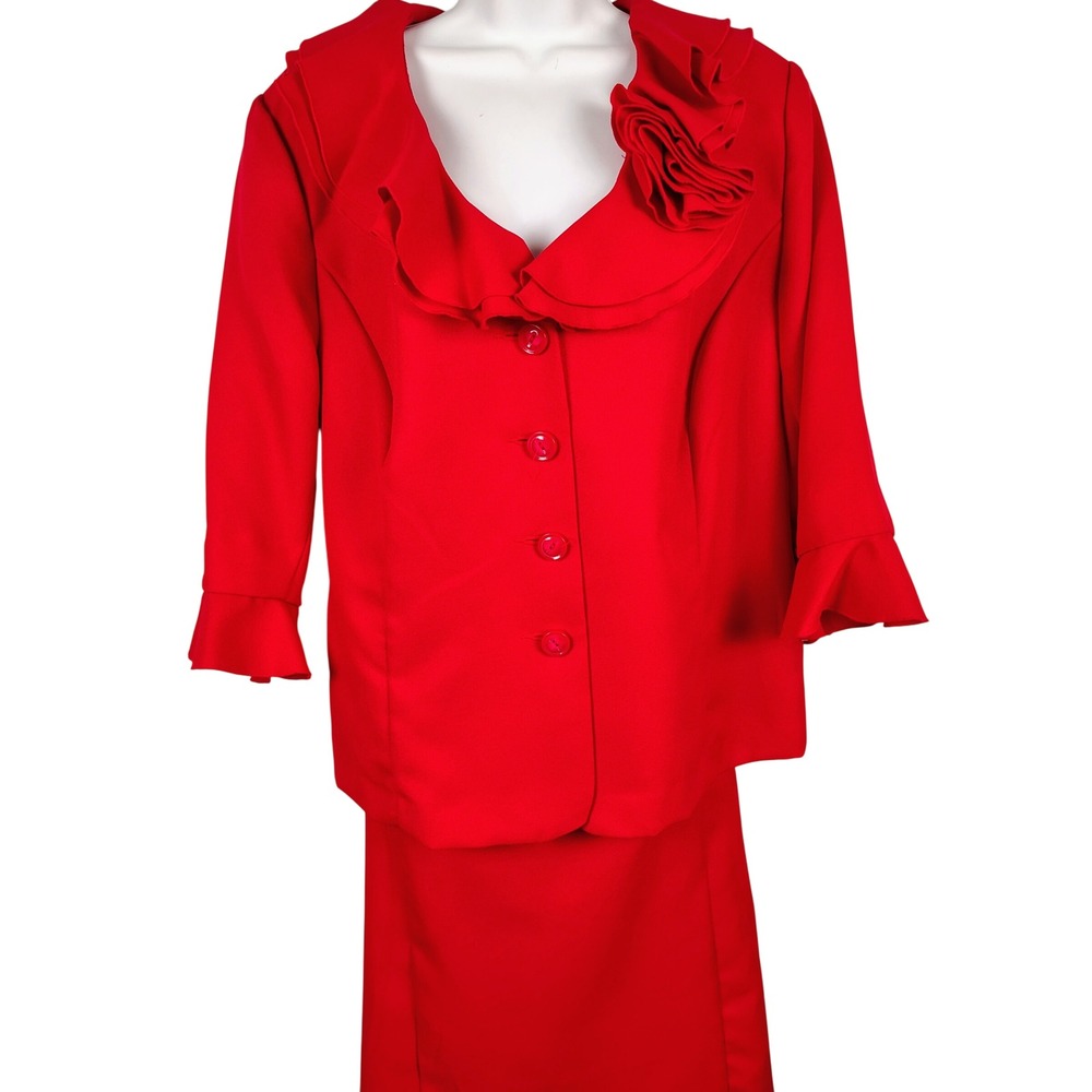 Womens 20W T. Milano 2-Piece Skirt Suit Red Ruffle Rosette Coquette Professional